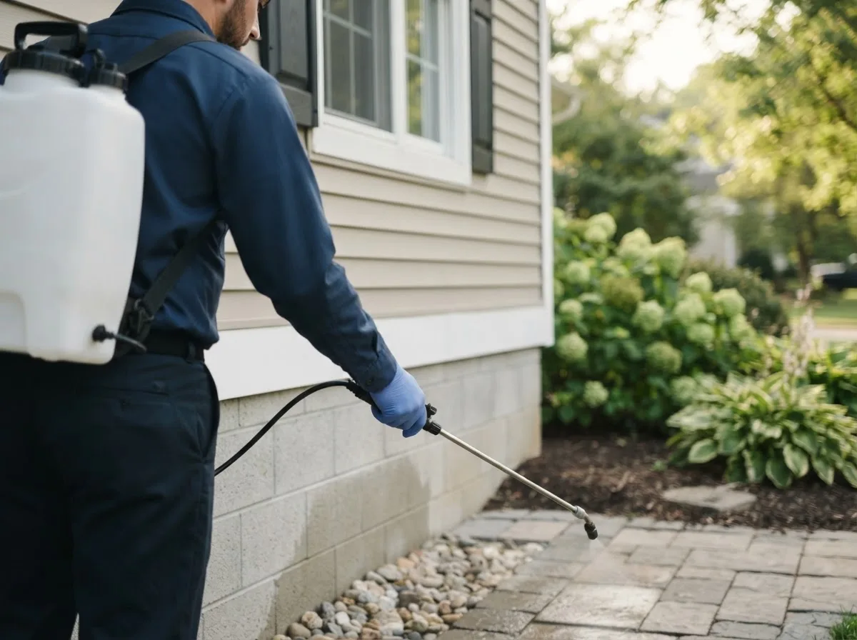 Pest control technician inspecting a home in Arnoldsville, GA